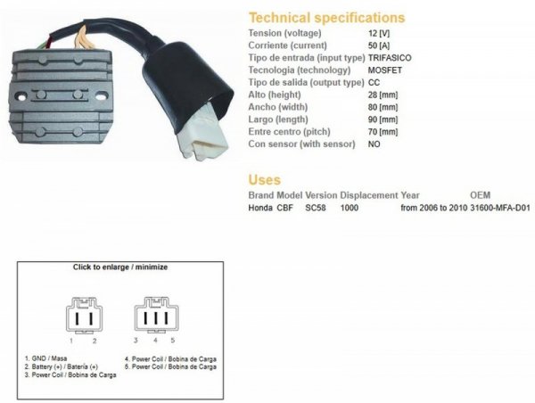 DZE REGULATOR NAPIĘCIA HONDA CBF 1000 06-10 (SC58) (31600-MFA-D01) MOSFET (50A)