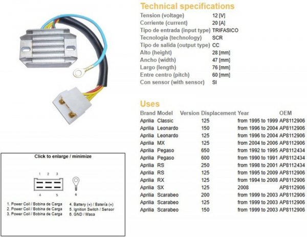 DZE REGULATOR NAPIĘCIA APRILIA PEGASO 600/650 90-95; RS 125/250 95-09; RX 125 94-08; LEONARDO; SCARABEO (ESR087)