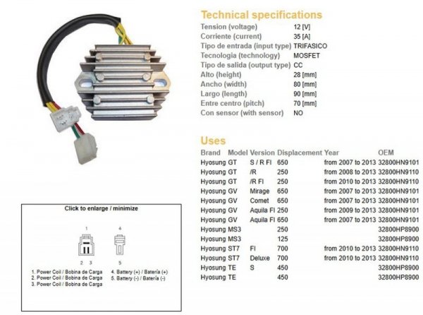 DZE REGULATOR NAPIĘCIA HYOSUNG GT 250R 08-13; GT 650S/R 08-13; GV 250 09-13; GV 650 07-13; MS3 125/250; ST7 700 10-13; TE 450 (3
