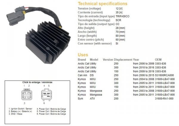 DZE REGULATOR NAPIĘCIA KYMCO MXU 150/250/300 04-11; CAN AM DS 250 06-15; ARCTIC CAT 150/250/300 06-19 (35A) (31600-LBA7-900) (ES