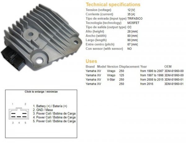 DZE REGULATOR NAPIĘCIA YAMAHA XV 125 VIRAGO 97-98; XV 250 VIRAGO 96-07; XV 250 V-STAR 08-15 (3DM-81960-00)