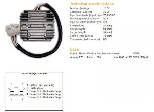 DZE REGULATOR NAPIĘCIA YAMAHA FZS 600 FAZER 02-03 (5RT-81960-00) 35A