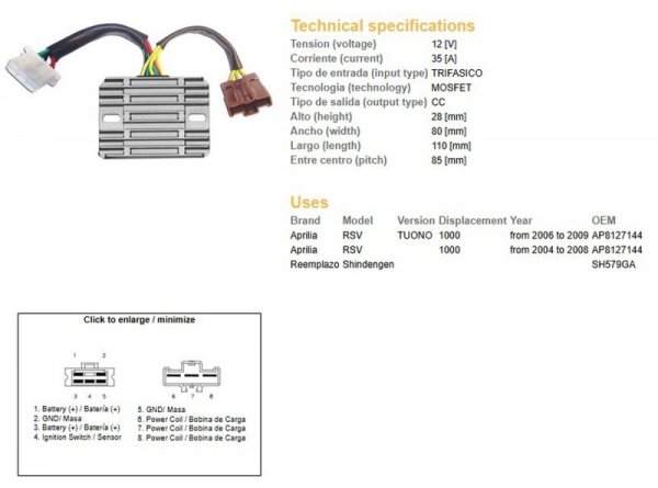 DZE REGULATOR NAPIĘCIA APRILIA RSV 1000 04-08; TUONO 1000 06-09 (SH579GA) (AP8127144) (ESR549)