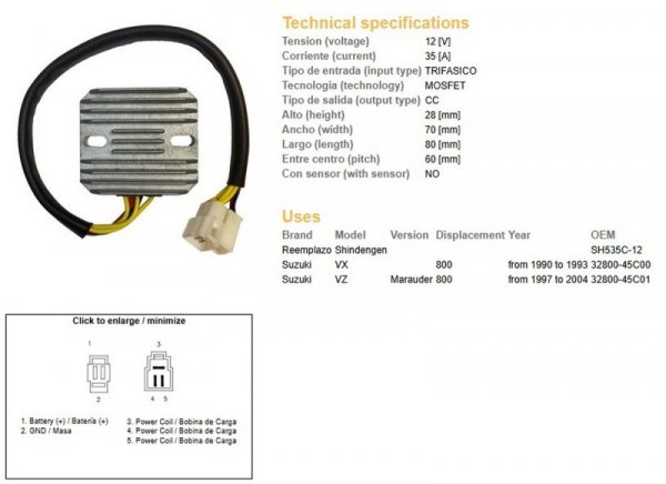 DZE REGULATOR NAPIĘCIA SUZUKI VZ 800 MARAUDER 97-04, VX 800 90-93 (SH535C-12) (32800-45C00, 32800-45C01) (ESR560)