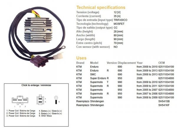 DZE REGULATOR NAPIĘCIA KTM 690R ENDURO 08-13; 950R SUPER ENDURO 06-; SUPERMOTO 950/990R 05-11 (OEM-62511034000) (SH541SB, SH541K