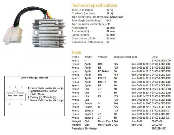 DZE REGULATOR NAPIĘCIA KYMCO AGILITY 50/125/150 08-13; PEOPLE 125/200 05-10; SUPER 8 50/125 08-12 (OEM 31600-LCD3-C01)