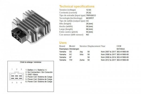 DZE REGULATOR NAPIĘCIA YAMAHA CE 50 JOG 07-17; XC 50 VINO 08-14; XF 50 06-14; YW 50 ZUMA 12-17 (3B3-H1960-00) MOFSET (35A)