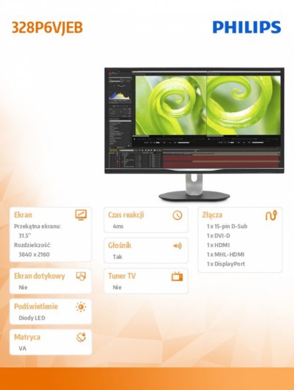 Monitor 32 328P6VJEB LED VA 4K Ultra Color DVI HDMI DP MHL Pivot Głośniki Czarny
