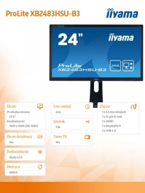 Monitor 23.8 ProLite XB2483HSU-B3 HDMI,DP,USB,AMVA,PIVOT