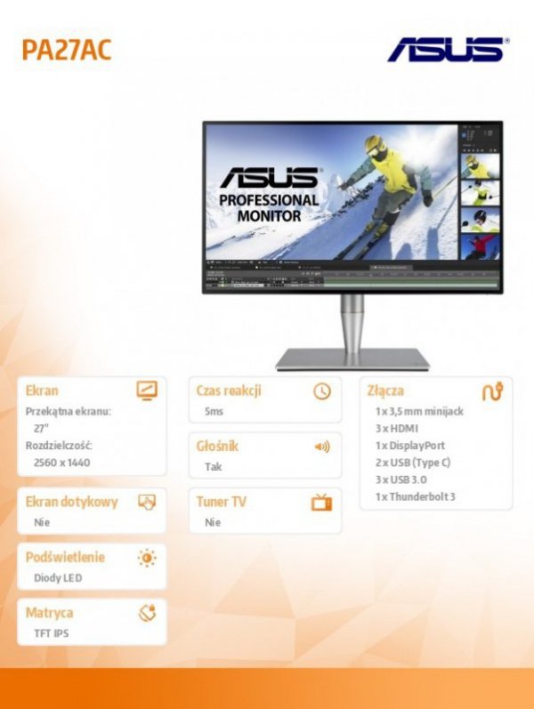 Monitor 27 PA27AC IPS WQHD 2560x1440 400nit HDR10 sRGB Thunderbolt3 HDMI DP 2xUSB-C 3xUSB3.0 GŁOŚNIK PIVOT REG.WYS. 3Y PUR + 36m