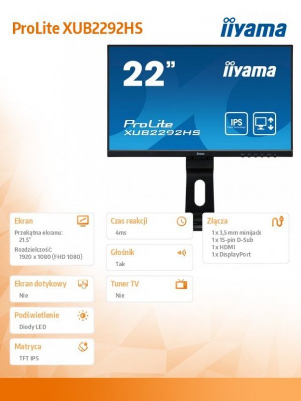 Monitor 21,5 XUB2292HS IPS,VGA/HDMI/DP/PIVOT
