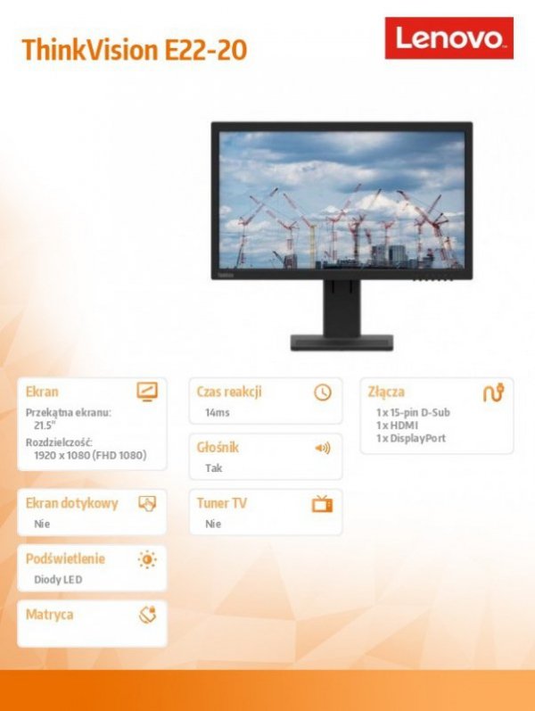 Monitor 21.5 ThinkVision E22-20 WLED LCD 62A4MAT4EU