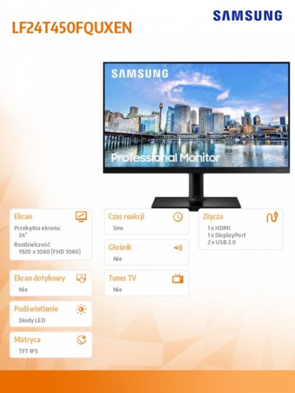 Monitor 24 cale F24T450FQU IPS/5ms/USB3.0/bezramkowy