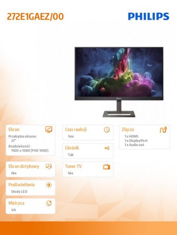 Monitor 272E1GAEZ 27 cali VA 144Hz HDMI DP, Regulacja wysokości