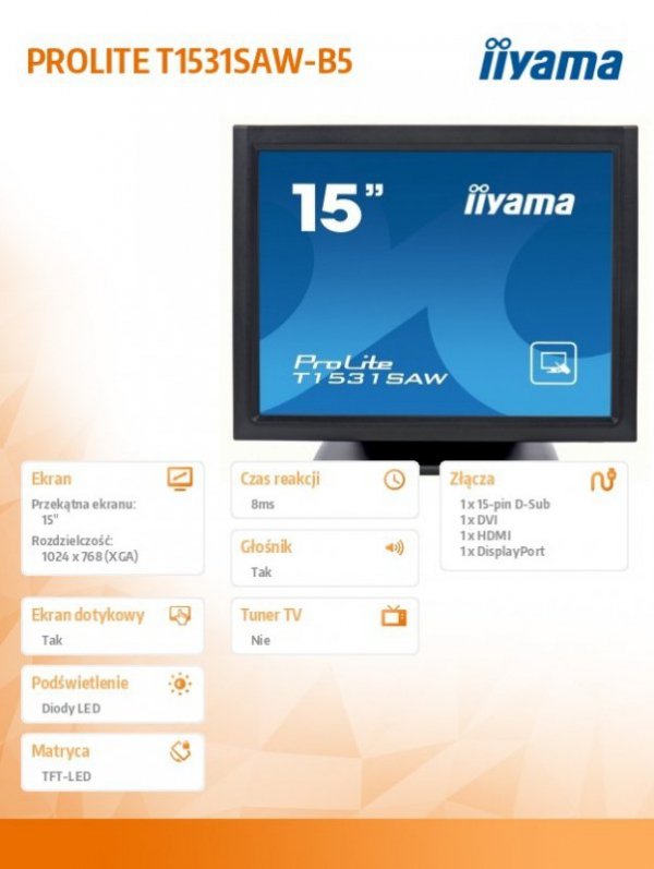 Monitor 15 cali T1531SAW-B5 HDMI, DP, USB, głośniki, IP54, 4:3