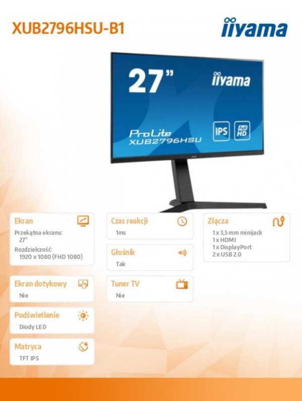 Monitor 27 cali XUB2796HSU-B IPS,1ms,HDMI,DP,FreeSync,USB,2x2W