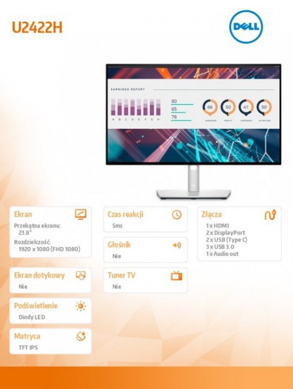 Monitor U2422H 23,8 cali LED 1920x1080/HDMI/DP/USB-C