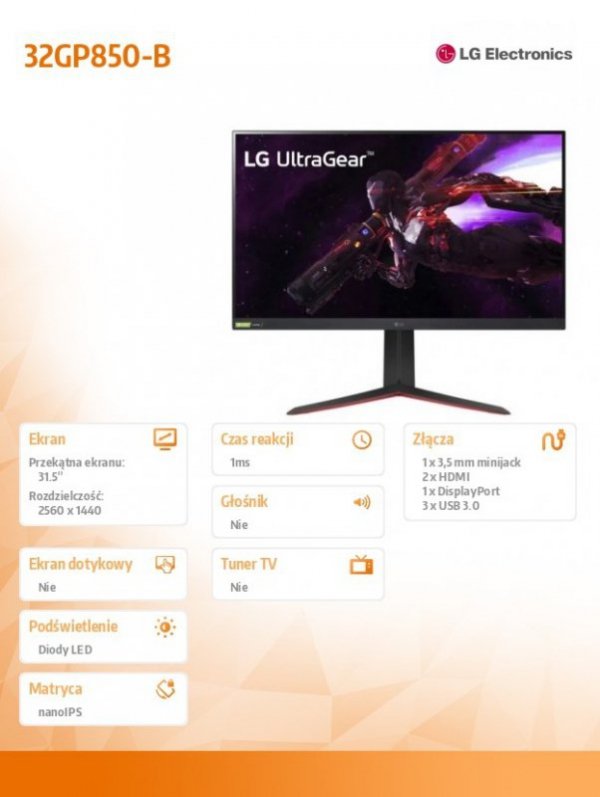 Monitor 31.5 cale 32GP850-B UltraGear QHD Nano IPS 1ms Gaming Monitor with165Hz/180Hz (Overlock)