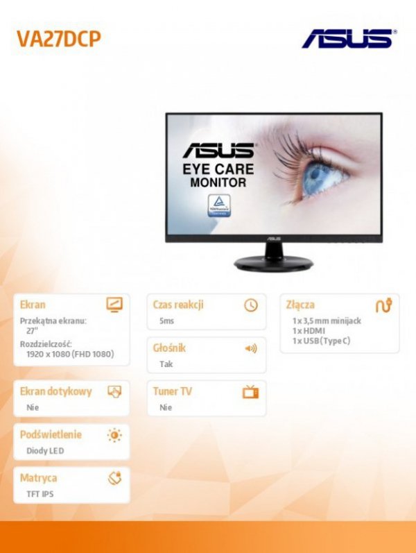 Monitor 27 cali VA27DCP IPS HDMI USB-C Głośnik VESA