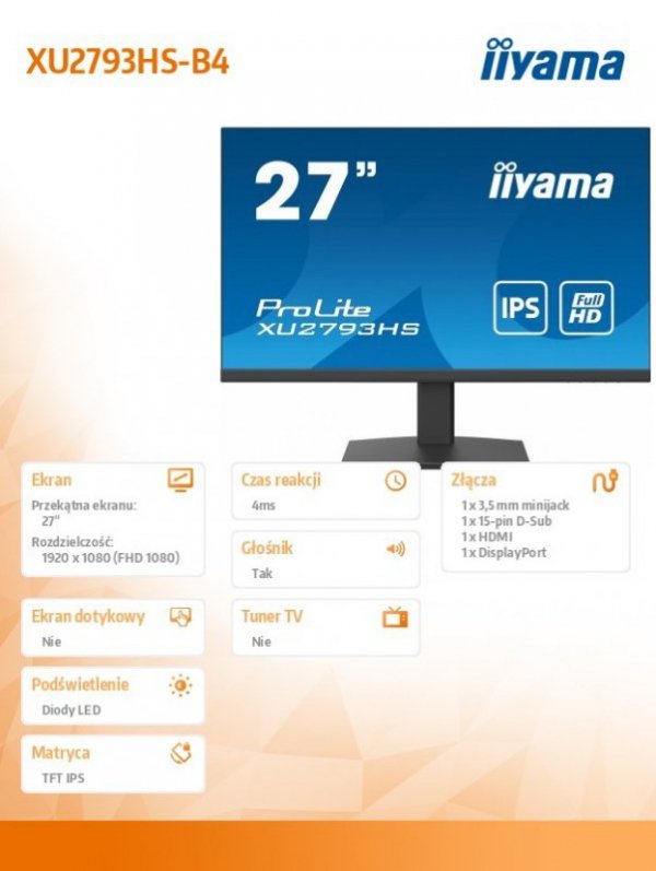 Monitor 27 cali XU2793HS-B4 IPS, FHD, HDMI, DP, VGA, 2x2W, 4ms, 300cd/m2