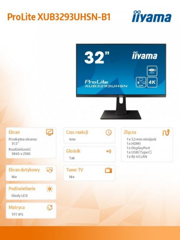 Monitor 32 cale XUB3293UHSN-B1,IPS,4K,USB-C DOCK,KVM,SLIM,2X3W,RJ45