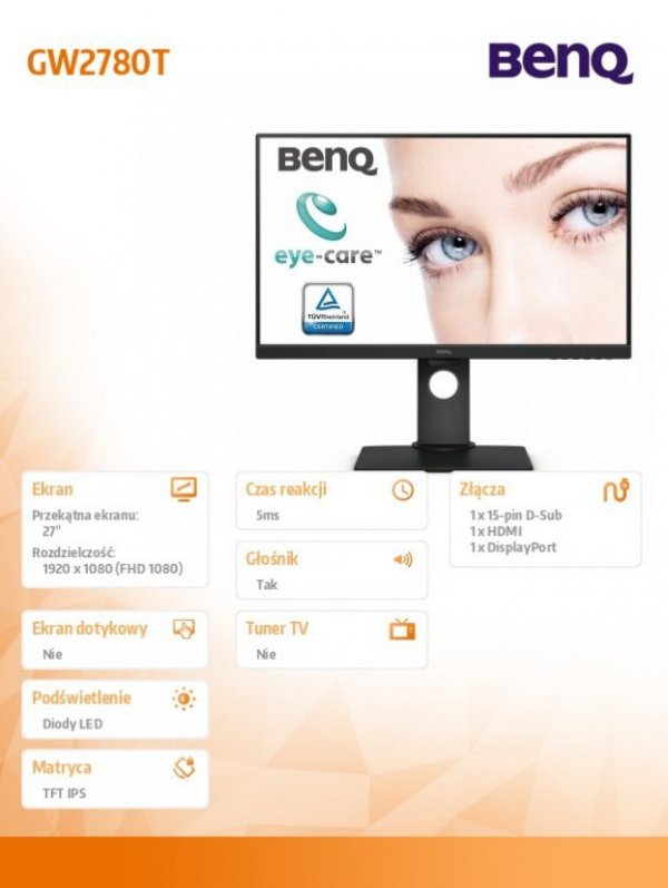 Monitor 27 cali GW2780T LED 5ms/50000:1/DVI/czarny