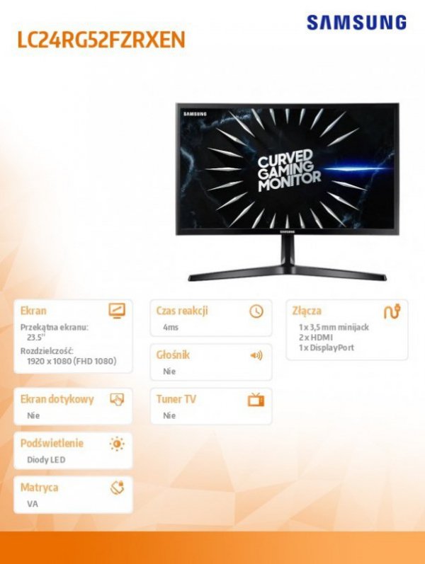 Monitor 23.5 cala LC24RG52FZRXEN VA 1920x1080 FHD 16:9 2xHDMI/1xDP 4 ms (GTG) zakrzywiony 144Hz Gaming 2 lata d2d