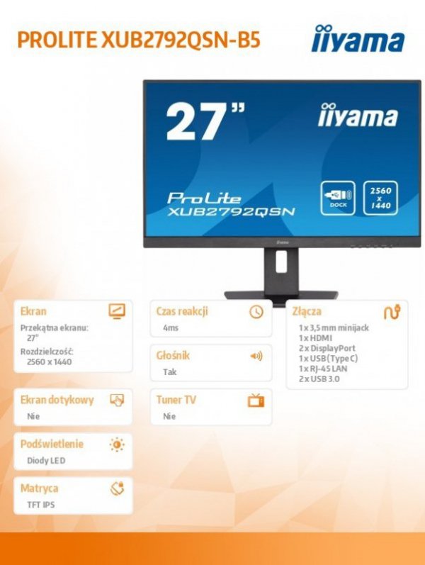 Monitor 27 cali XUB2792QSN-B5 IPS,QHD,USB-c Dock,HDMI,DP,HAS(150mm)