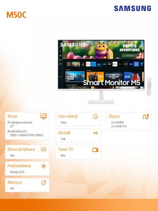 Monitor 27 cali LS27CM501EUXDU VA 1920x1080 FHD 16:9 2xHDMI 4ms(GTG) WiFi/BT głośniki płaski biały SMART 2 lata d2d