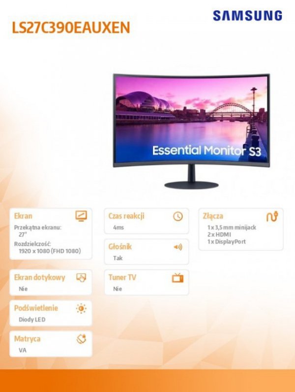 Monitor 27 cali LS27C390EAUXEN VA 1920x1080 FHD 16:9 1xDP 2xHDMI 4ms(GTG) 75Hz zakrzywiony głośniki 2 lata d2d