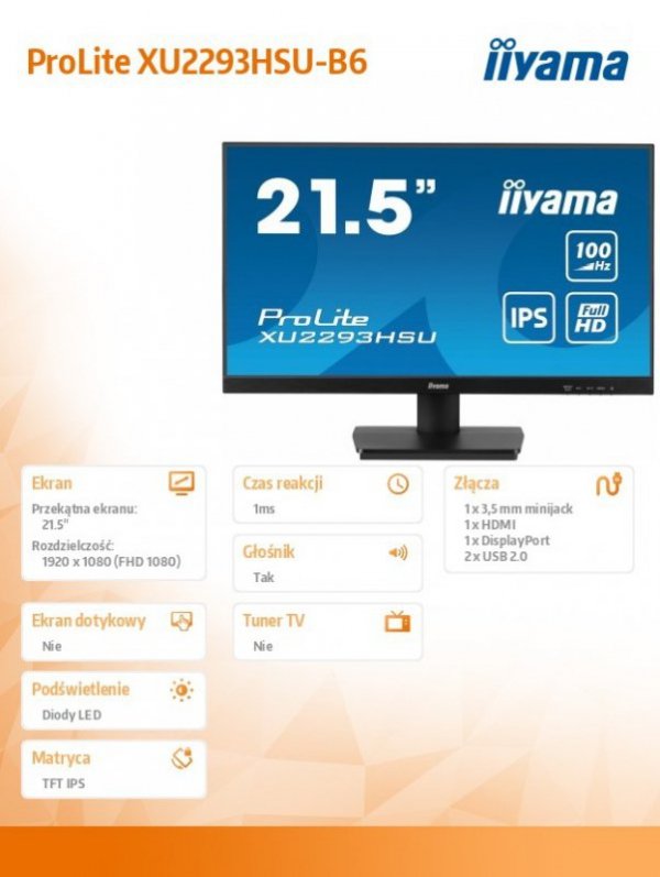 Monitor ProLite XU2293HSU-B6 21.5 cala  IPS,100Hz,FHD,1ms,HDMI,DP,2xUSB,2x2W, FreeSync