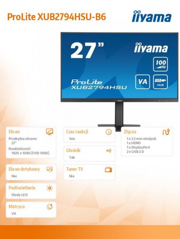 Monitor 27 cali ProLite XUB2794HSU-B6 VA,FHD,100HZ,4000:1,1MS,HDMI,DP,2xUSB,  FreeSync,2x2W,HAS(150mm),PIVOT