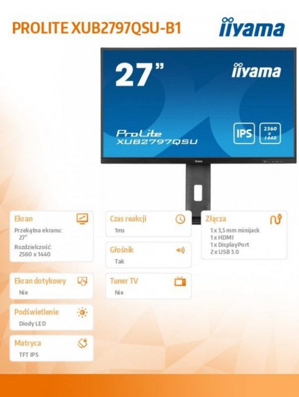 Monitor 27 cali XUB2797QSU-B1 IPS,HDMI,DP,100Hz,QHD,HAS(150mm),1ms,   2xUSB(3.2),2x2W,ADAPTIVE SYNC,FlickerFree /5y/