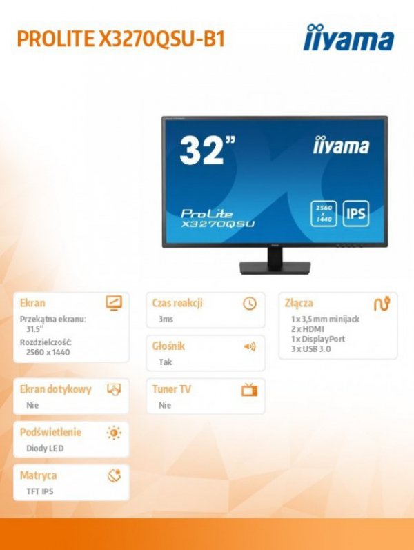 Monitor 32 cale X3270QSU-B1 IPS,WQHD,HDMI,DP,100Hz,250cd,3ms,2x2W,   3xUSB(3.2),FlickerFree,VESA
