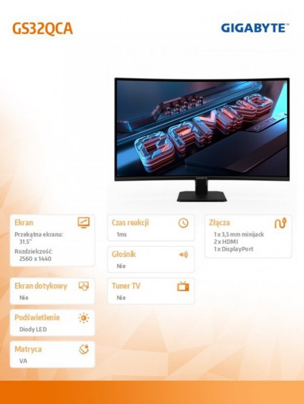 Monitor 31.5 cala GS32QCA GAMING VA QHD 180Hz DP HDMI