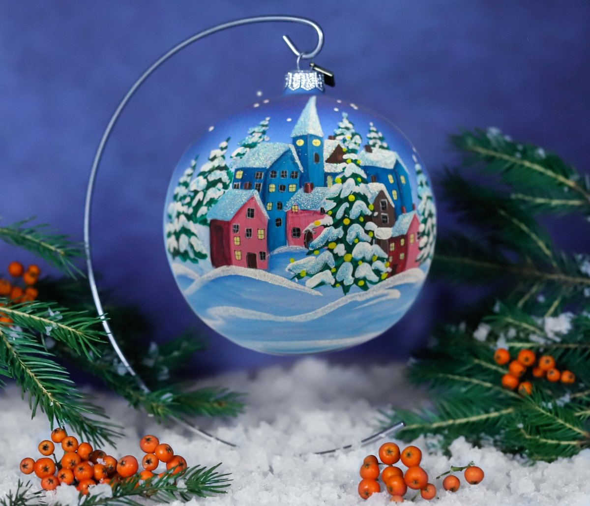 Christmas glass ball 12 cm Winter town Really big 12cm diameter Round baubles ExArte