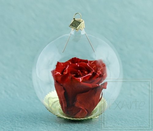 Natürliche haltbare Rose in einer Glaskugel - Rot mit Dekoration