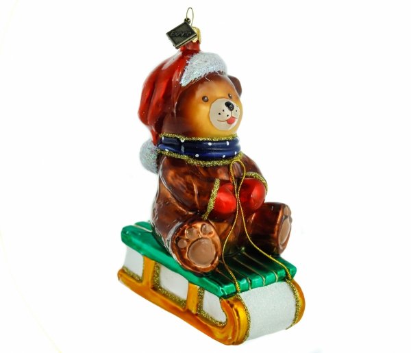 Glass bauble Teddy bear on a sledge 11cm - Winter fun