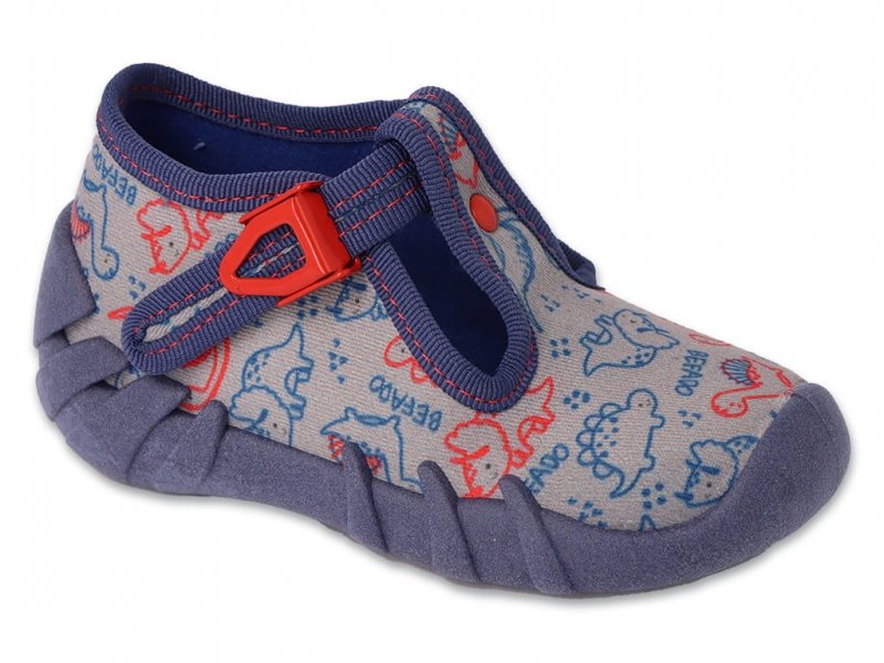 Befado 110N498 SPEEDY kapcie chłopięce szare w dinozaury zapinki