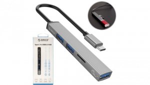 ORICO Adapter 4w1 Hub USB 3.1 typ-C - 2x USB 2.0 A + USB 3.0 A + czytnik kart SD / MicroSD srebrny 15cm