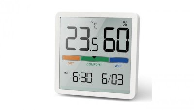 Termometr/higrometr z funkcją zegara i daty, GreenBlue, bateria CR2032, zakres temp. -9.9 st. C do +60 st. C.,GB380
