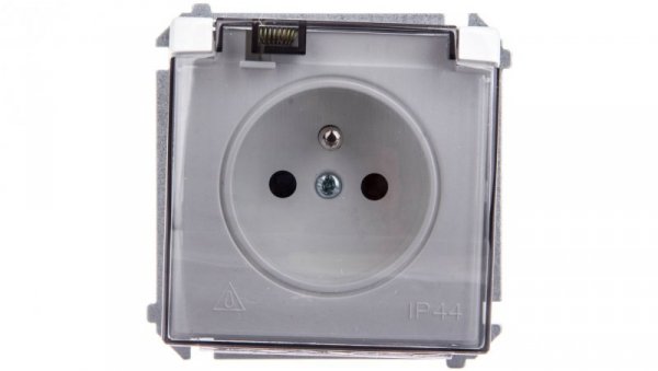 Simon Basic Gniazdo bryzgoszczelne z/u IP44 z przesłoną torów i klapką dymną białe BMGZ1Bz.01/11a