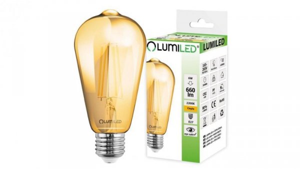 Żarówka LED E27 ST64 6W = 50W 660lm 2200K Ciepła 360 Filament LUMILED