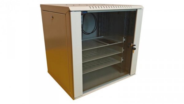 Szafa wisząca RACK 19 12U 500mm w zestawie z 3 półkami, 2 wentylatorami i termostatem, drzwi szklane szara MIRSAN