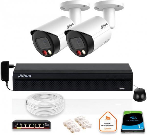 Zestaw monitoringu IP Dahua 8mpx 4K 2 kamery IPC-HFW2849S-S-IL z dyskiem 1TB