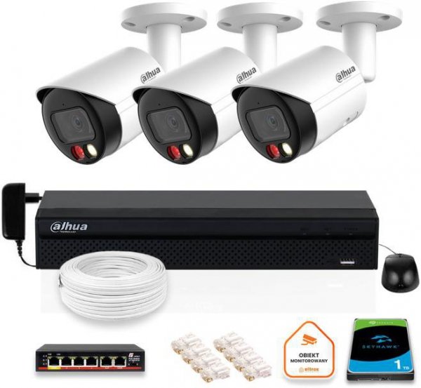 Zestaw monitoringu IP Dahua 8mpx 4K 3 kamery IPC-HFW2849S-S-IL z dyskiem 1TB