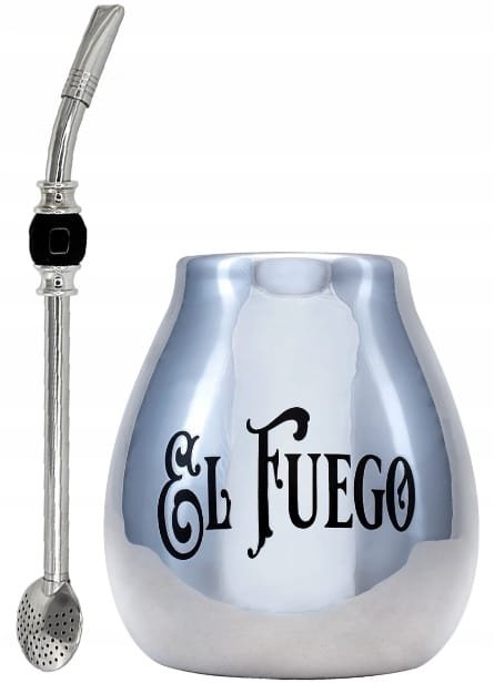 Matero do Yerba Mate ceramiczne srebrne El Fuego + Bombilla Royal Grande