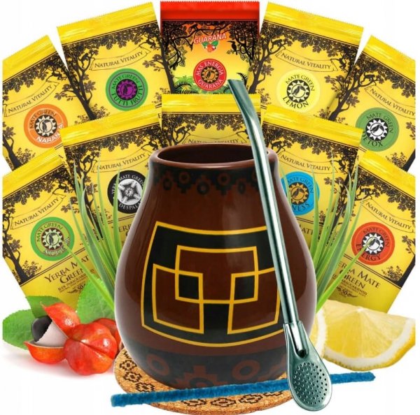 Yerba Mate Green Zestaw Owocowe Big Tykwa Bombilla MIX smaków 10 x 50g