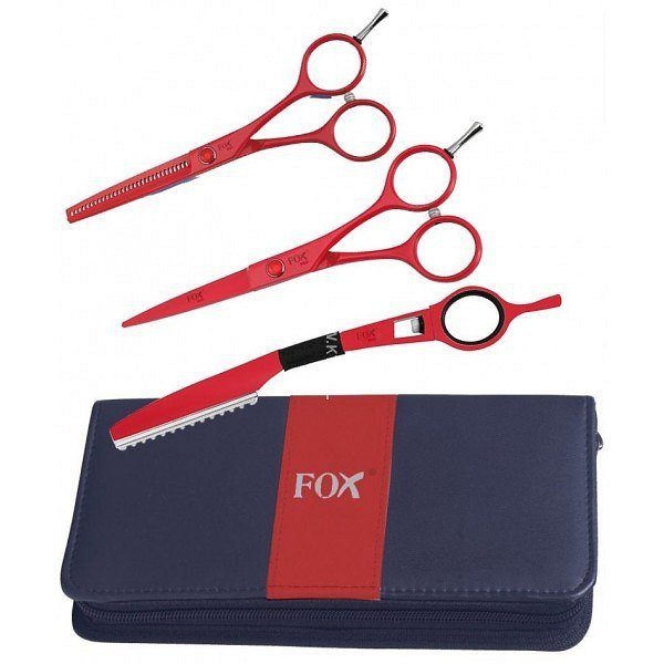 fox color czerwony komplet nożyczki, degażówki, nóż w etui