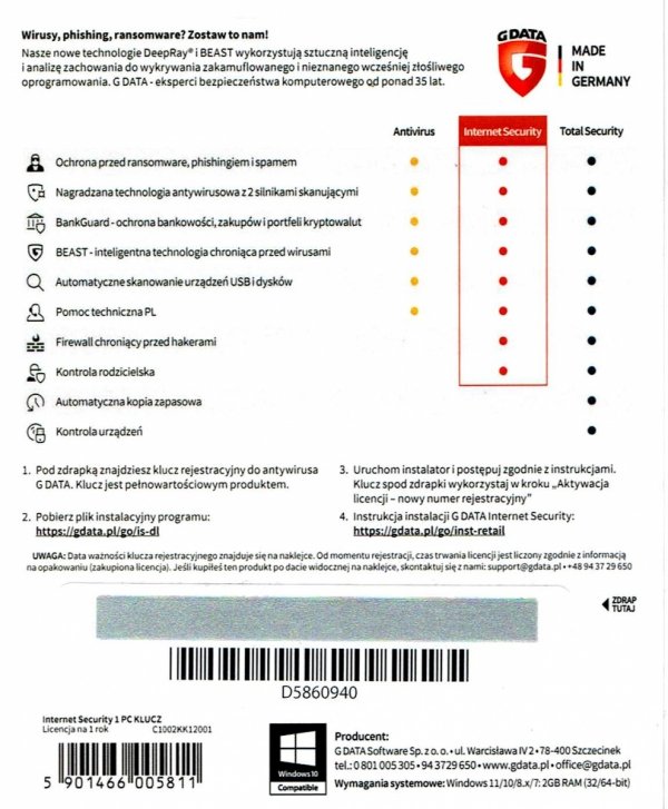 Oprogramowanie  antywirusowe GDATA Internet Security 1PC 1rok karta-klucz
